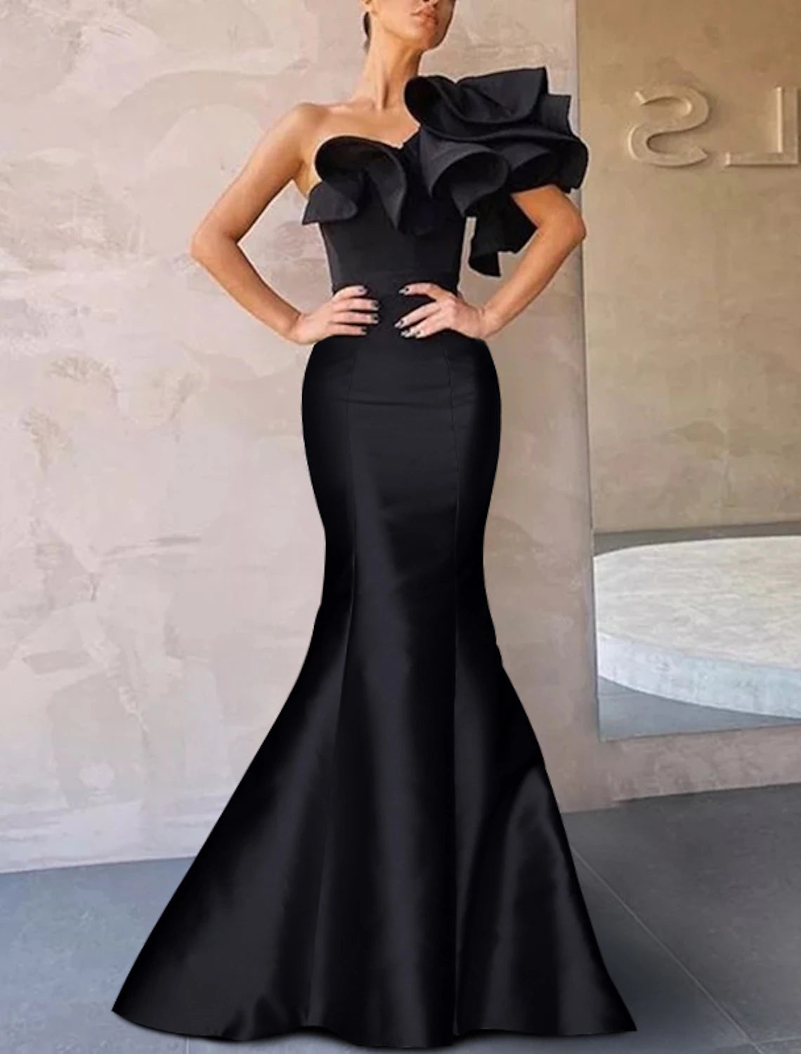 Wholesale Mermaid / Trumpet Evening Gown Corsets Dress Formal Wedding Guest Floor Length Sleeveless One Shoulder Taffeta with Ruffles Shouder Flower